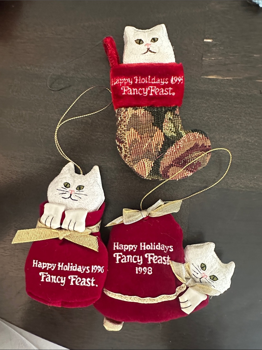 Holiday Fancy Feast Cat Ornament Trio 1996, 1995, 1998